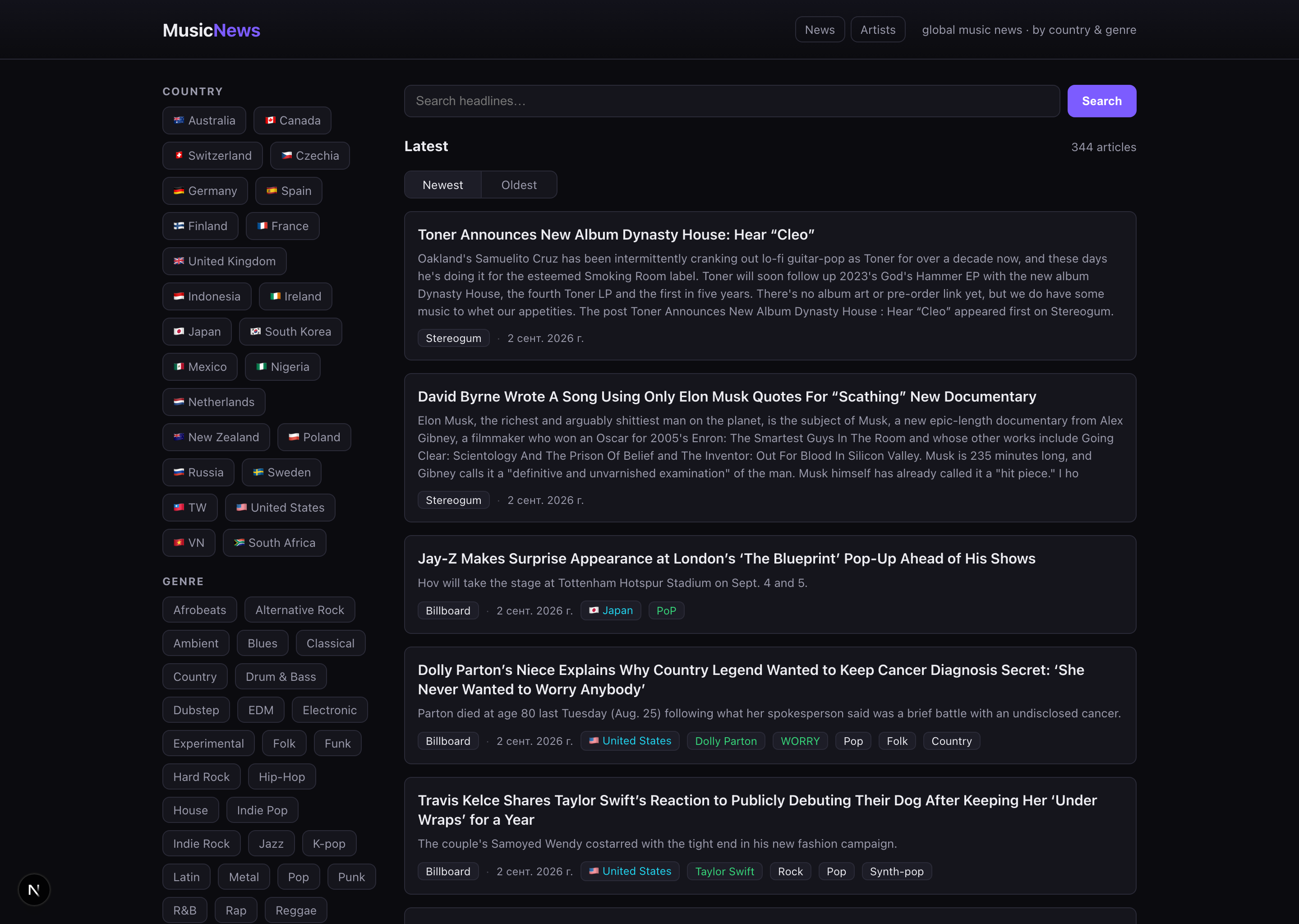 MusicNews — news feed with filters by country, genre and source