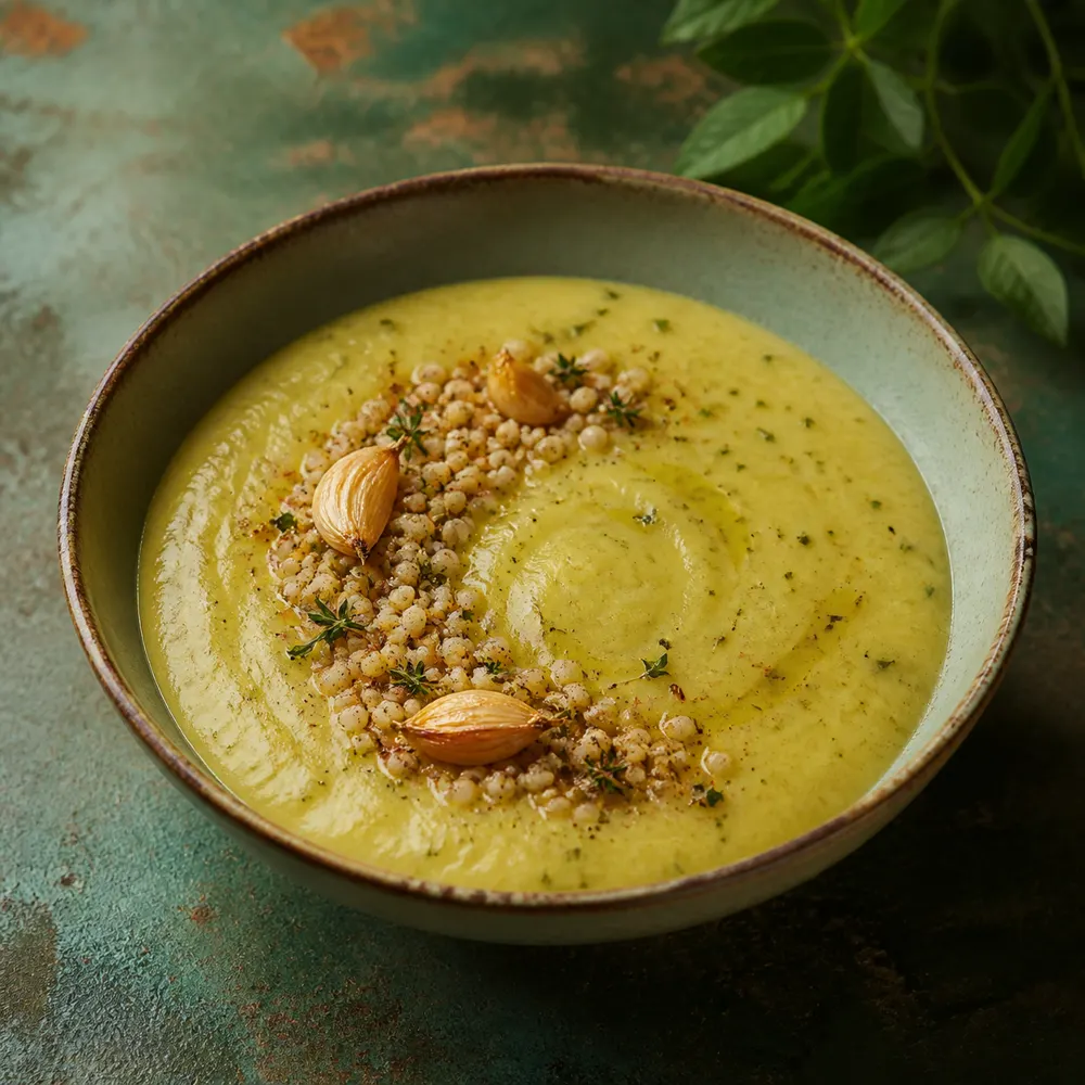 Крем-суп с пряным кабачком, кускусом и запечённым чесноком