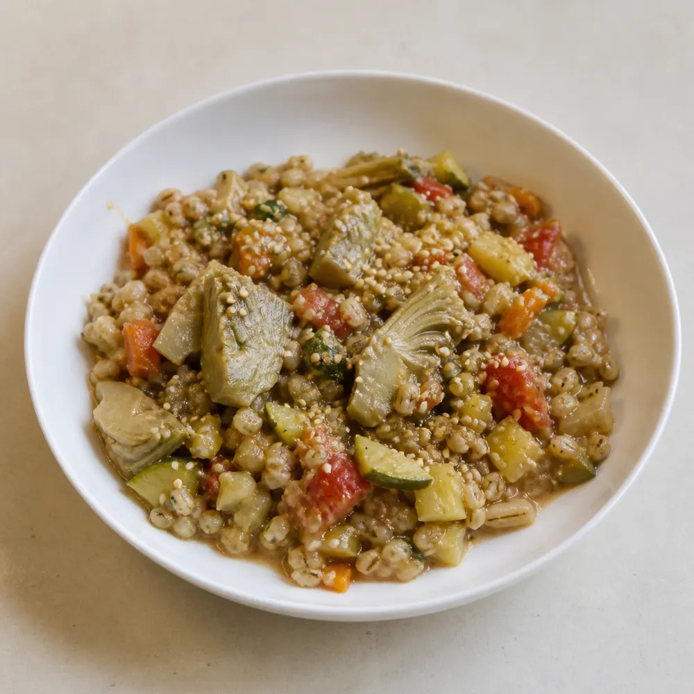 Овощное рагу со сливочными артишоками, перловкой, тахини и кунжутом