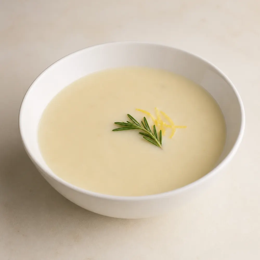 Крем-суп с хрустящей капустой, рисовой лапшой, розмарином и лимоном