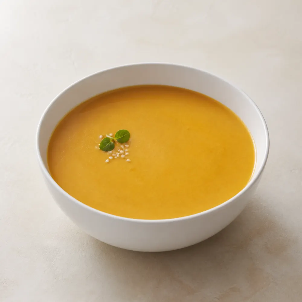 Крем-суп с перцем на пару, кускусом, тахини и кунжутом