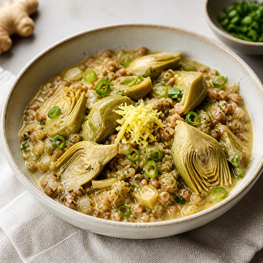 Овощное рагу со сливочными артишоками, гречкой, мисо и имбирём